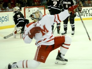 Miami's Jack Roslovic celebrates his go-ahead goal late in the second period (photo by Cathy Lachmann).