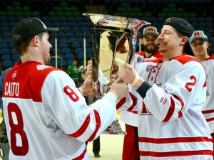 Matthew Caito and Taylor Richart celebrate after winning the NCHC championship in 2015 (photo by Cathy Lachmann).